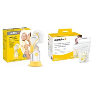 imageMedela New Harmony Manual Breast Pump with Flex Breast Shield and 100 Count Breast Milk Storage Bags Compact Single Hand Breastpump Ready to Use Breastmilk Bags for Breastfeeding